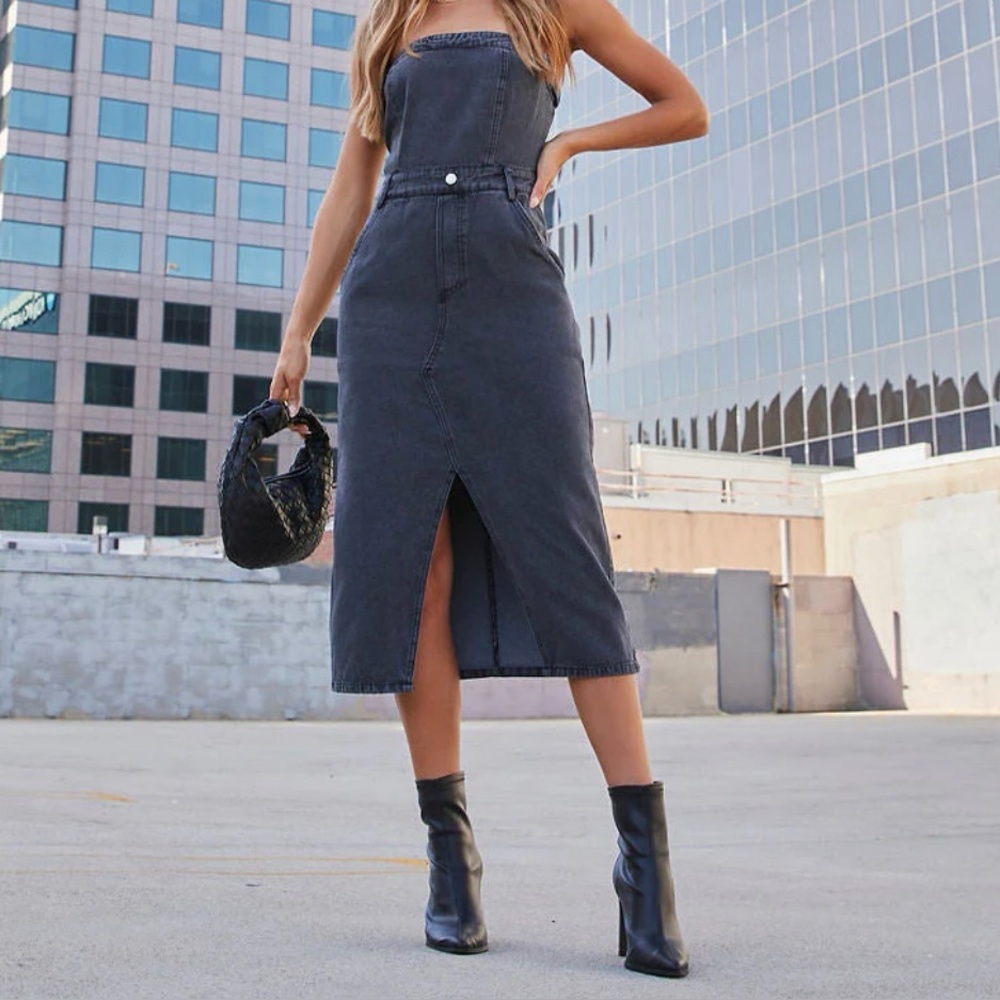 Black Denim Midi Strapless Dress Size XL